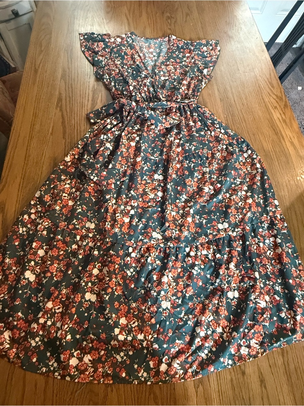 Womens Floral Green  and Rust Maxi Dress